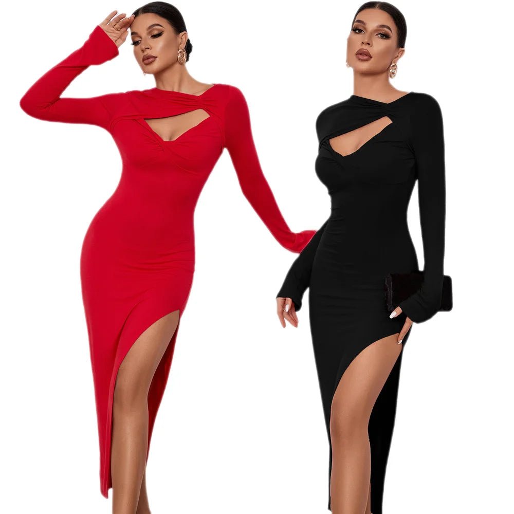 Women Elegant Hollow Out Bodycon Dress High Split Pack Hip Dresses Split Long Sleeve Evening Dresses - Zeprah