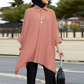 Women Fashion Loose Lapel Collar 3/4 Sleeve Slit Top Crepe Fabric Single Breasted Casual Shirt - Zeprah