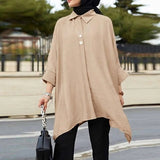 Women Fashion Loose Lapel Collar 3/4 Sleeve Slit Top Crepe Fabric Single Breasted Casual Shirt - Zeprah