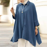 Women Fashion Loose Lapel Collar 3/4 Sleeve Slit Top Crepe Fabric Single Breasted Casual Shirt - Zeprah