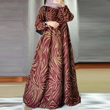 Women Fashion Print Muslim Mid Eastern Floor Length Robe Long Sleeve O - Neck Casual Dress - Zeprah