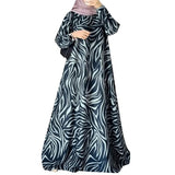 Women Fashion Print Muslim Mid Eastern Floor Length Robe Long Sleeve O - Neck Casual Dress - Zeprah