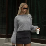 Women Lantern Sleeve Casual Crocheted Sweater Crew Neck Breathable Simple Solid Color Viscose/Polyester Autumn Warm Pullover - Zeprah