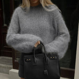 Women Lantern Sleeve Casual Crocheted Sweater Crew Neck Breathable Simple Solid Color Viscose/Polyester Autumn Warm Pullover - Zeprah