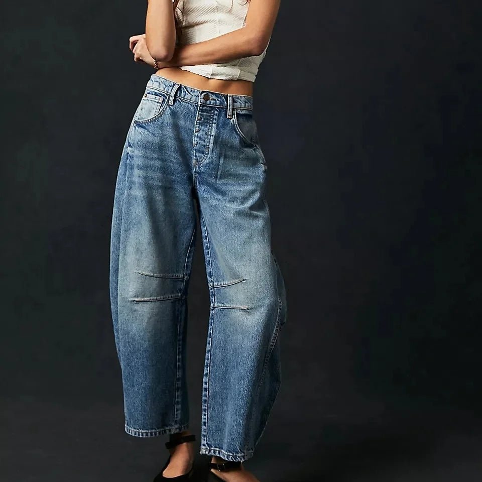 Women Mid - Rise Barrel Jeans Fashion Wide Leg Shape Women Casual Baggy Mid Waist Denim Jeans - Zeprah
