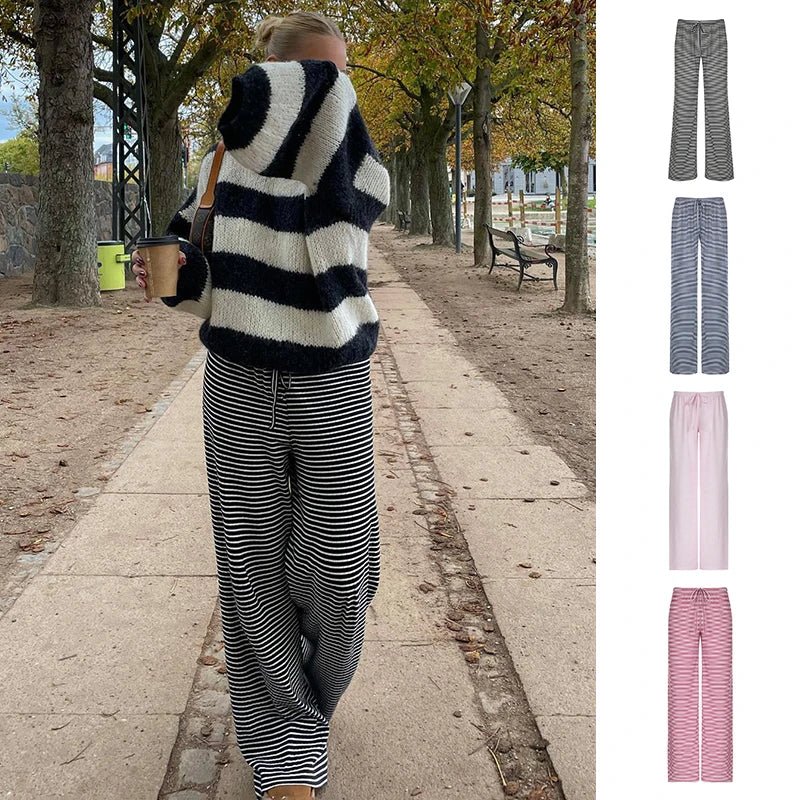 Women Mid Waist Straight Leg Flat Front Casual Drawstring Trousers Striped Minimalist Lightweight Spring Daily Wear - Zeprah