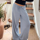 Women Mid Waist Straight Leg Flat Front Casual Drawstring Trousers Striped Minimalist Lightweight Spring Daily Wear - Zeprah