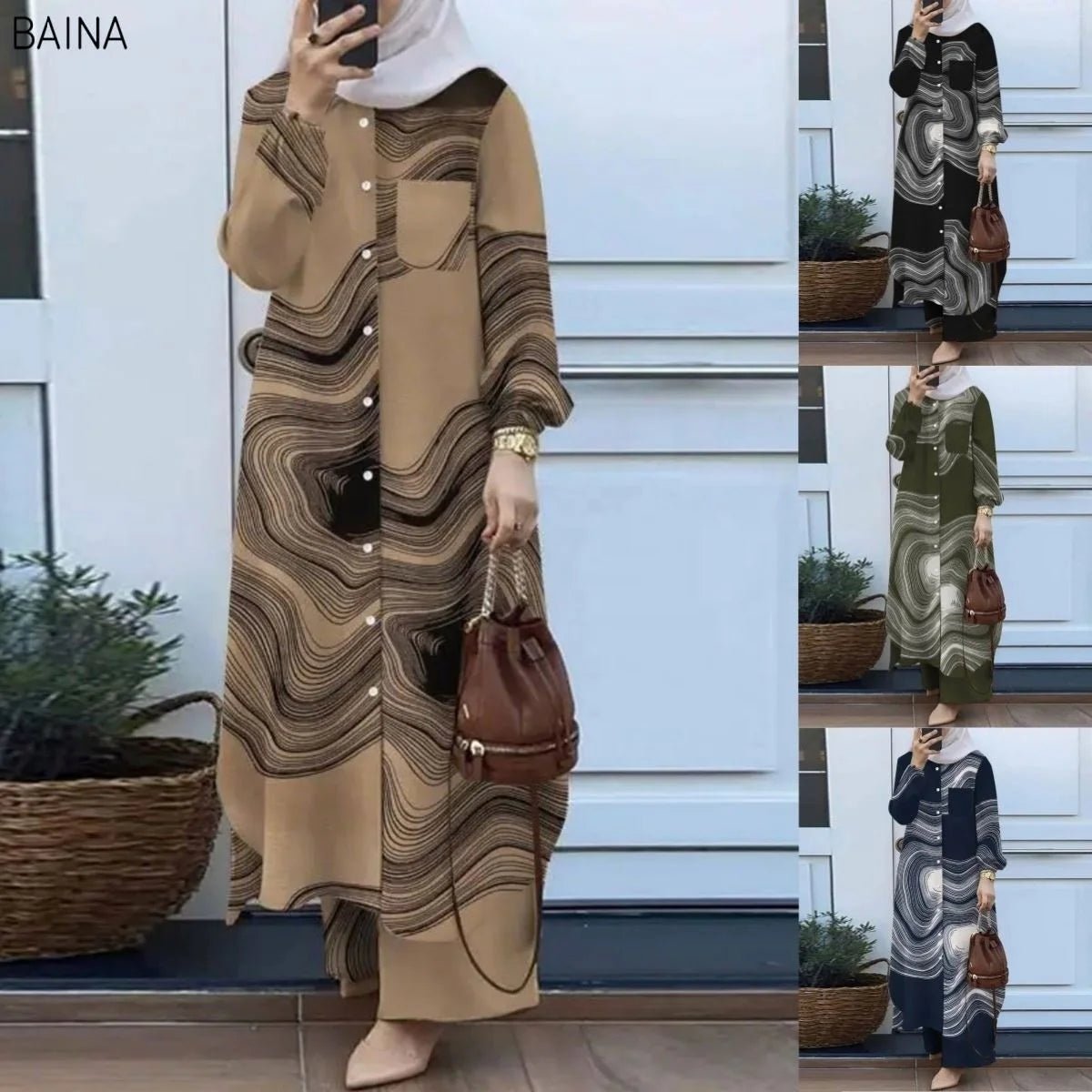 Women Muslim Casual Two Piece Set Saudi Arabian Mid East Robe Sleeve Button up Long Wide Leg Pants Suit - Zeprah
