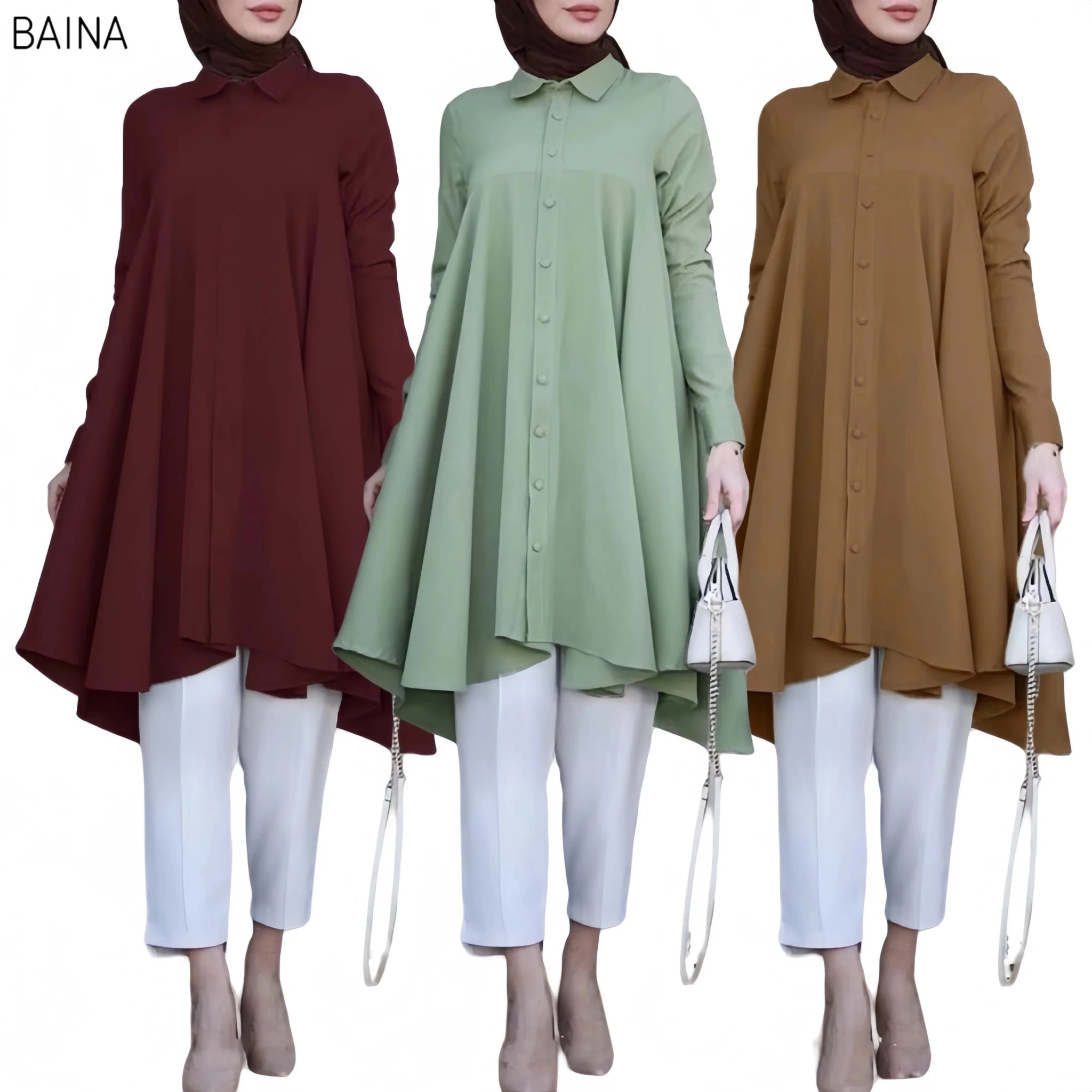 Women Muslim Long Lapel Collar Single Breasted Swallowtail Curved Hem Shirt Solid Loose Casual Top - Zeprah