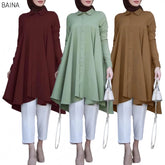 Women Muslim Long Lapel Collar Single Breasted Swallowtail Curved Hem Shirt Solid Loose Casual Top - Zeprah