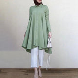 Women Muslim Long Lapel Collar Single Breasted Swallowtail Curved Hem Shirt Solid Loose Casual Top - Zeprah