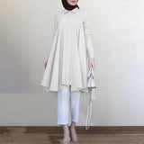 Women Muslim Long Lapel Collar Single Breasted Swallowtail Curved Hem Shirt Solid Loose Casual Top - Zeprah