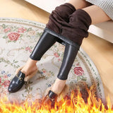 Women Pants High Waist Faux Leather Leggings Black Ninth Fleece Leggings Plush Pants Velvet Thick Warm Leggings - Zeprah