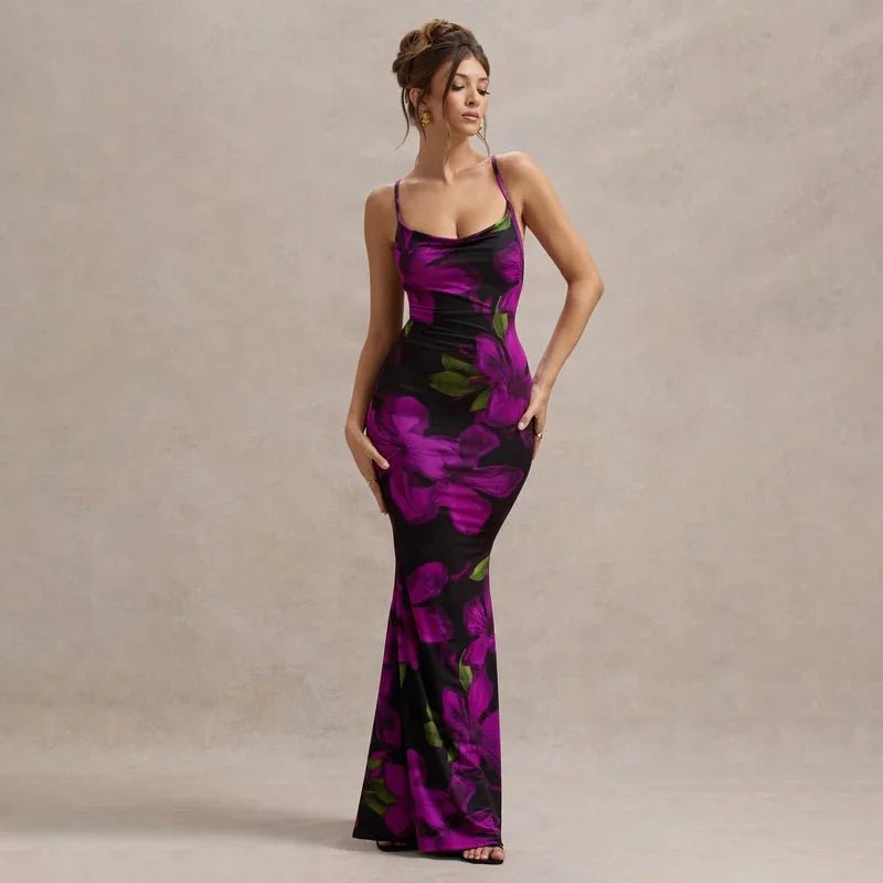 Women Printed Slim Sexy Sleeveless Sexy Slim Club Dress Sleeveless Neck Drape Open Back Knit Slim Dress - Zeprah