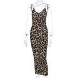 Women Spaghetti Strap Backless Snake Party Club Pencil Dress Sexy V Neck Leopard Slim Long Dress - Zeprah