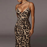 Women Spaghetti Strap Backless Snake Party Club Pencil Dress Sexy V Neck Leopard Slim Long Dress - Zeprah