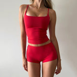 Women Street Style Solid Color 2 Piece Set Casual Sports Crop Top Shorts Set Skinny Knitting Bow Knee Eco - Friendly - Zeprah