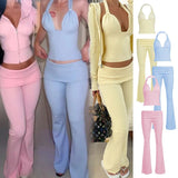 Women Stretch Two Piece Set Halter Neck V Neck Skinny Top Flared Pants Solid Color Minimalist Casual Breathable Knitting - Zeprah