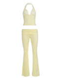 Women Stretch Two Piece Set Halter Neck V Neck Skinny Top Flared Pants Solid Color Minimalist Casual Breathable Knitting - Zeprah