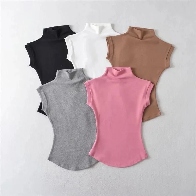 Women Summer Basic Simple Camisole Sleeveless Turtleneck High Stretchy Knitted Vest Turtleneck Unisex Tops - Zeprah