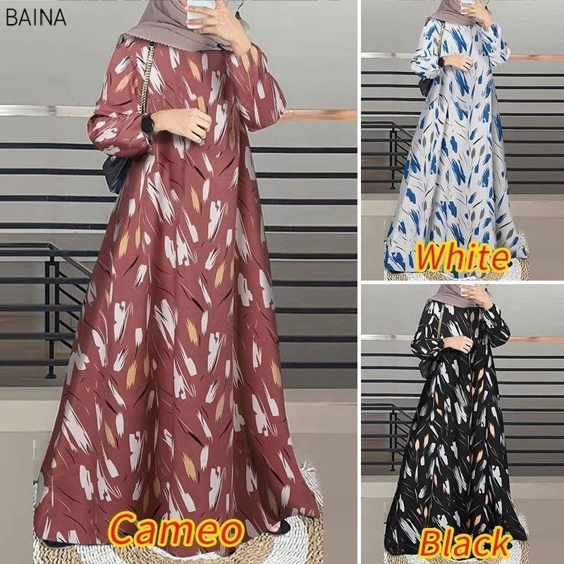 Women Turkey Robe O - Neck Sleeve Traditional Fashion Print Muslim Long Dress - Zeprah