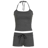 Women Vintage Stripe Print Sleeveless Halter Top and Tie Shorts Eco - Friendly Breathable Comfortable Home Loungewear Set - Zeprah