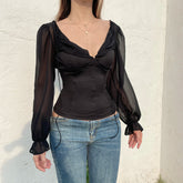 Women's 100% Polyester Woven Chiffon Shirt - Sexy Deep V - Neck Balloon Sleeve Loose Short Blouse Tie Belt Breathable - Zeprah