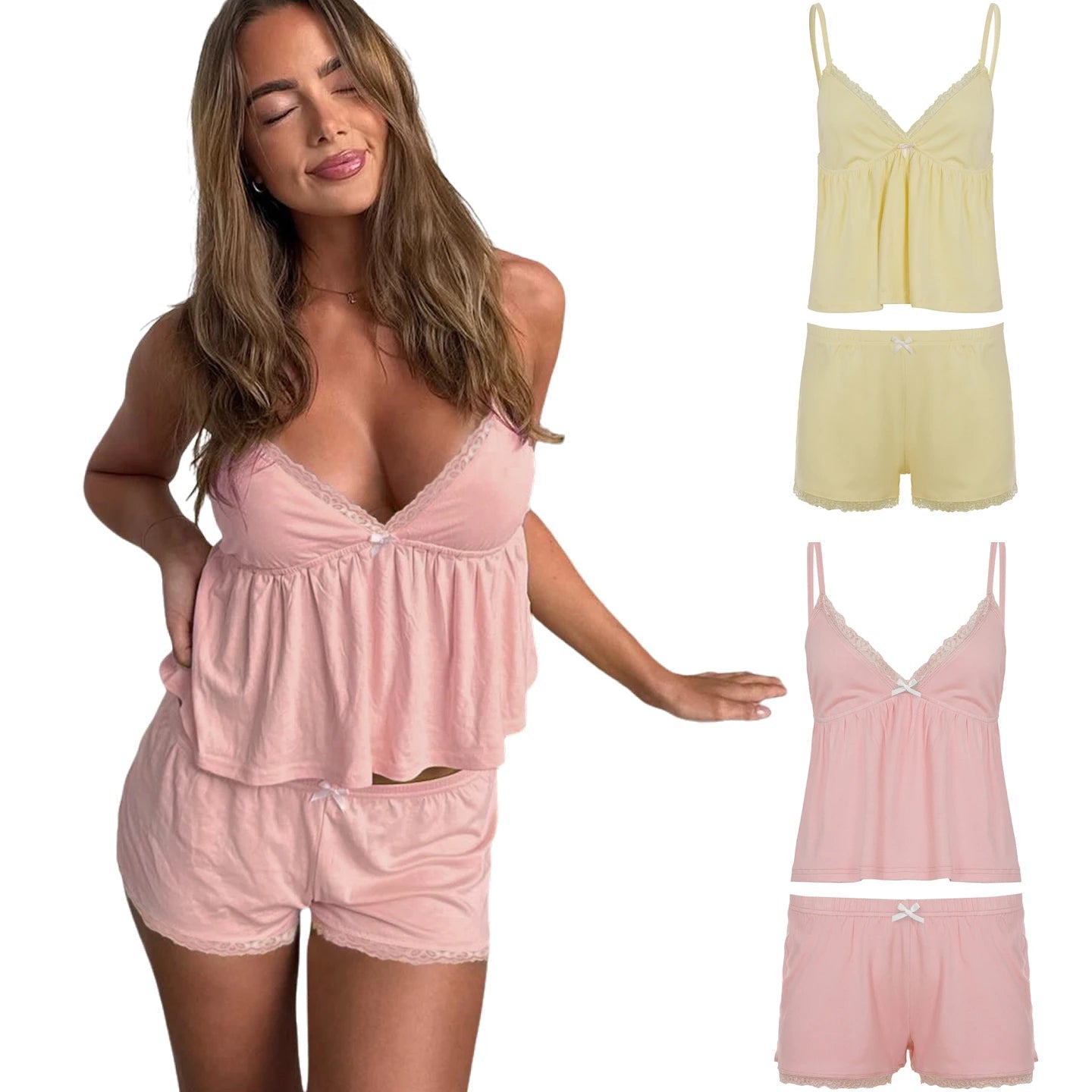 Women's 2 - Piece Babydoll Loungewear Set with Solid Knitting Cami Top and Above Knee Loose Shorts Breathable & Eco - Friendly - Zeprah