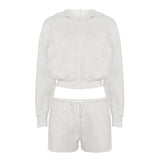 Women's 2 - Piece Set Casual Zip - Up Long Sleeve Hoodie Drawstring Shorts Solid Color Loose Fit Knitting Breathable Sports Wear - Zeprah