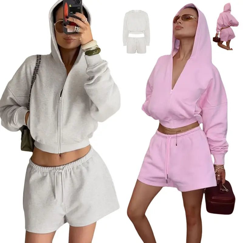 Women's 2 - Piece Set Casual Zip - Up Long Sleeve Hoodie Drawstring Shorts Solid Color Loose Fit Knitting Breathable Sports Wear - Zeprah
