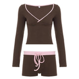 Women's 2 - Piece Set Lace up Ribbed Tie - Front Long Sleeve Top Knee Skinny Fit Shorts | for Biker Shorts Outfit - Zeprah