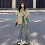 Women's 2025 New Summer Korean Style Short - Sleeve Plaid Shacket Unique Design Small - Batch Blouse - Zeprah