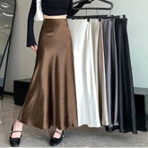 Women's Acetate Satin Midi Skirt - 2025 Spring & Summer New Style, Flowy A - Line Mermaid Hem, Office - Friendly Korean Design - Zeprah