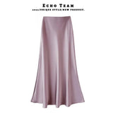 Women's Acetate Satin Midi Skirt - Spring & Summer New Style, Flowy A - Line Mermaid Hem, Office - Friendly Korean Design - Zeprah