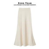 Women's Acetate Satin Midi Skirt - Spring & Summer New Style, Flowy A - Line Mermaid Hem, Office - Friendly Korean Design - Zeprah