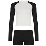 Women's Athletic Two Piece Set Solid Washed Long Sleeve Raglan Tee Knee Skinny Fit Casual Shorts Knitting Breathable Quick - Dry - Zeprah