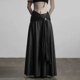 Women's Autumn Dropped Waist Maxi Black A - Line Skirt Woven Attached Decorative Belt Eco - Friendly Anti - Pilling - Zeprah