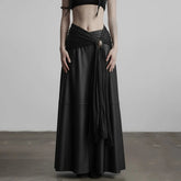 Women's Autumn Dropped Waist Maxi Black A - Line Skirt Woven Attached Decorative Belt Eco - Friendly Anti - Pilling - Zeprah