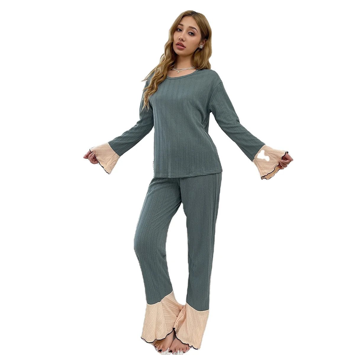 Women's Autumn Winter Jacquard Pajamas New Long Sleeve Long Pants Texture Cotton Feel Solid - Zeprah
