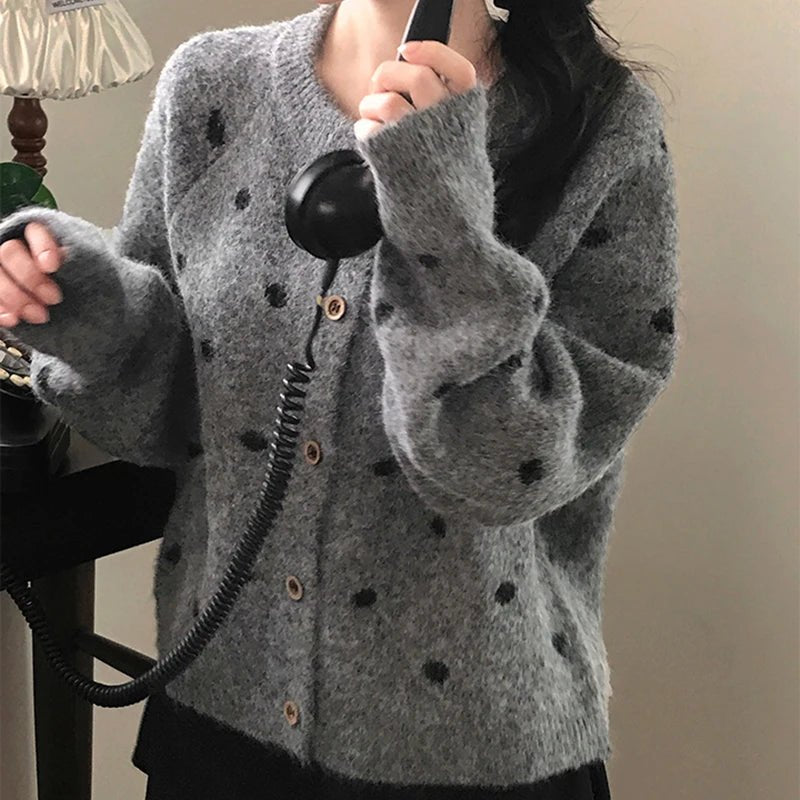 Women's Autumn Winter Soft Chunky Knit Patchwork Sweater Cardigan Vintage Button Crew Neck Front Logo Loose Fit Outerwear - Zeprah