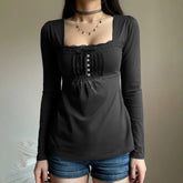 Women's Breathable Autumn Solid Color Knitted Ruffle Tie - Up Vintage Sweet Square Neck Slim Fit Long Sleeve Blouse - Zeprah