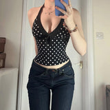 Women's Breathable Eco - Friendly Polka Dot Tank Top Black Sleeveless V - Neck Tie Front Backless Casual Vest Knitted Short Ribbons - Zeprah