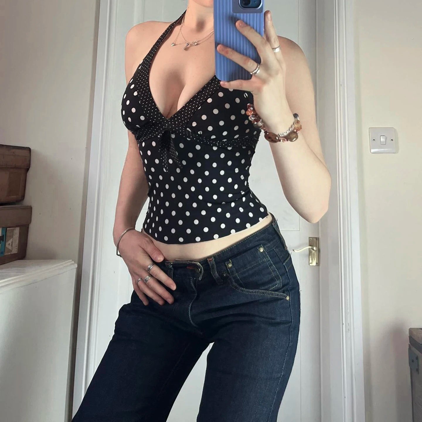 Women's Breathable Eco - Friendly Polka Dot Tank Top Black Sleeveless V - Neck Tie Front Backless Casual Vest Knitted Short Ribbons - Zeprah