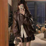 Women's Brown Leather Jacket Autumn Korean Style 2025 New Arrival Hot Cool Girl Motorcycle Loose Long Sleeve Jacket Top - Zeprah
