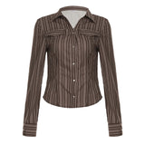 Women's Brown Striped Vintage Skinny Blouse Retro Button Down Long Sleeve Woven for Fall Office Casual Wear - Zeprah