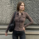 Women's Brown Striped Vintage Skinny Blouse Retro Button Down Long Sleeve Woven for Fall Office Casual Wear - Zeprah