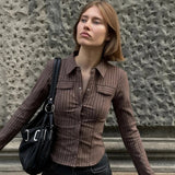 Women's Brown Striped Vintage Skinny Blouse Retro Button Down Long Sleeve Woven for Fall Office Casual Wear - Zeprah