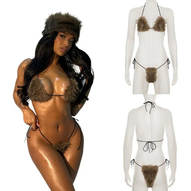 Women's Brown Two - Piece Set Faux Fur Lingerie Lace Open Back Bra Tie Side Bikini Short Skinny Knitting Breathable Eco - Friendly - Zeprah