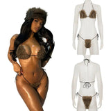Women's Brown Two - Piece Set Faux Fur Lingerie Lace Open Back Bra Tie Side Bikini Short Skinny Knitting Breathable Eco - Friendly - Zeprah
