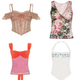 Women's Cami Tank Tops Summer Breathable Color Block Sleeveless Bandeau Knitted Lace Short Sweet V - Neck Designer Party Vest - Zeprah